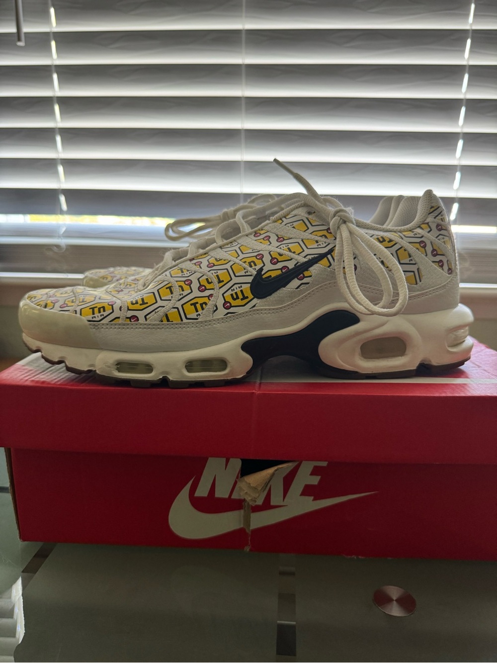 Nike Air Max Plus White with Yellow TN Graphic and Black Swoosh